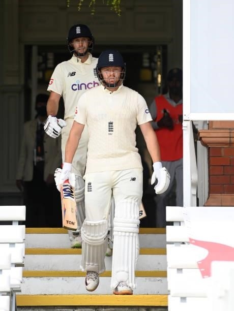 Jonathan Bairstow and Joe Root of England head out to bat ahead of day three of the Second LV= Insurance Test Match between England and India at...