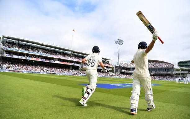 Jonathan Bairstow and Joe Root of England head out to bat ahead of day three of the Second LV= Insurance Test Match between England and India at...