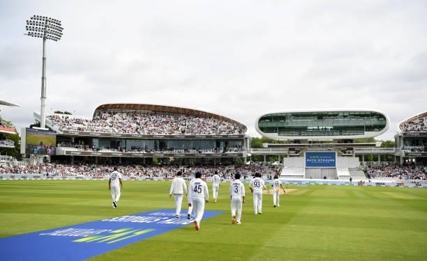 India take to the field ahead of day three of the Second LV= Insurance Test Match between England and India at Lord's Cricket Ground on August 14,...