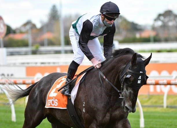 Daniel Stackhouse riding Dark Dream before unplaced finish in Race 2, the Neds Handicap, during Melbourne Racing at Caulfield Racecourse on August...