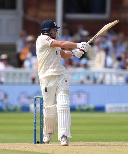 England batsman Jonny Bairstow hits out during day three of the Second Test Match between England and India at Lord's Cricket Ground on August 14,...