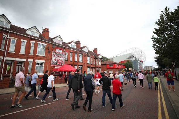General view outside the stadium as Manchester United fans arrive at the stadium prior to the Premier League match between Manchester United and...
