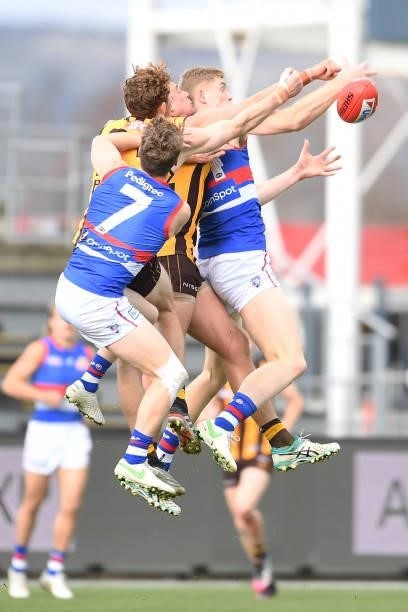 Tim English of the Bulldogs competes for the ball during the round 22 AFL match between Hawthorn Hawks and Western Bulldogs at University of Tasmania...