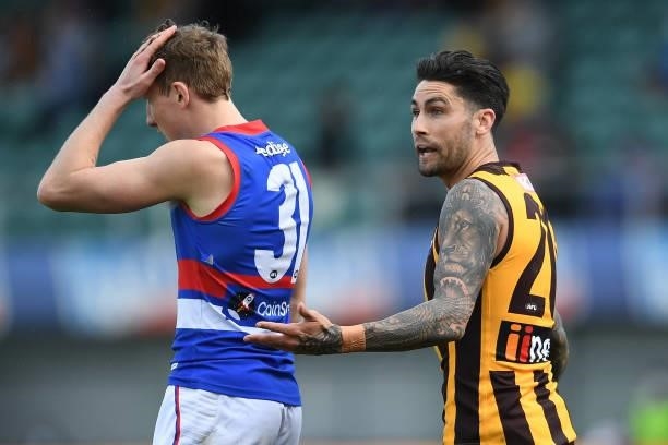 Chad Wingard of the Hawks reacts during the round 22 AFL match between Hawthorn Hawks and Western Bulldogs at University of Tasmania Stadium on...