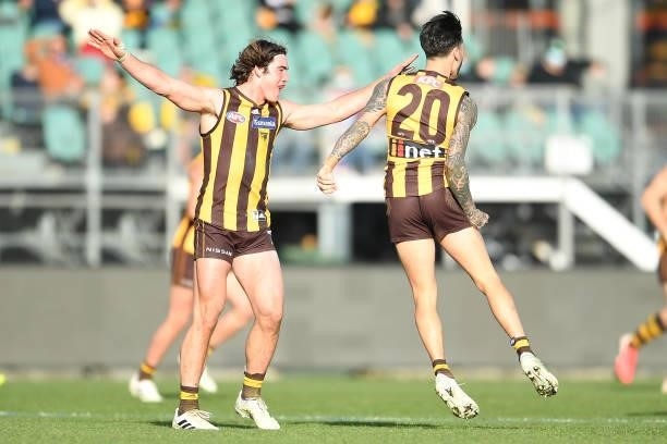 Jai Newcombe and Chad Wingard of the Hawks celebrate a goal during the round 22 AFL match between Hawthorn Hawks and Western Bulldogs at University...