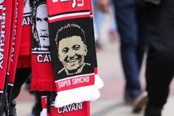 Jadon Sancho of Manchester United is seen embroidered onto a scarf prior to the Premier League match between Manchester United and Leeds United at...