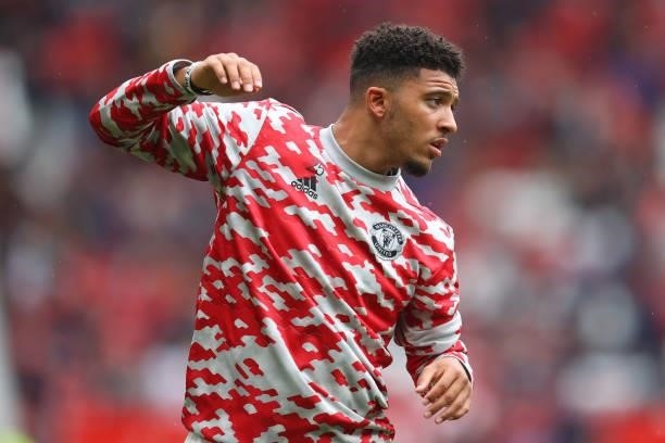 Jadon Sancho of Manchester United warms up prior to the Premier League match between Manchester United and Leeds United at Old Trafford on August 14,...