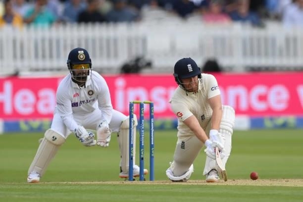 Jonny Bairstow of England glances the ball for four as Rishabh Pant of India looks on during the Second LV= Insurance Test Match: Day Three between...