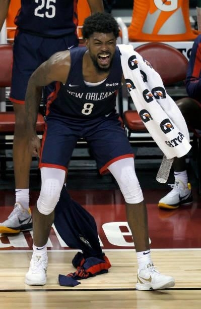 Naji Marshall of the New Orleans Pelicans reacts from the bench after a teammate scored against the Cleveland Cavaliers during the 2021 NBA Summer...