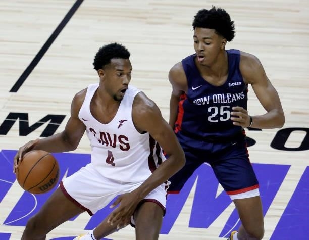 Evan Mobley of the Cleveland Cavaliers brings the ball up the court against Trey Murphy III of the New Orleans Pelicans during the 2021 NBA Summer...