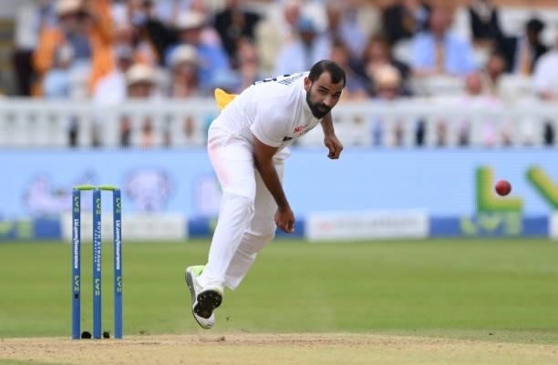 India bowler Mohammed Shami in bowling action during day three of the Second Test Match between England and India at Lord's Cricket Ground on August...