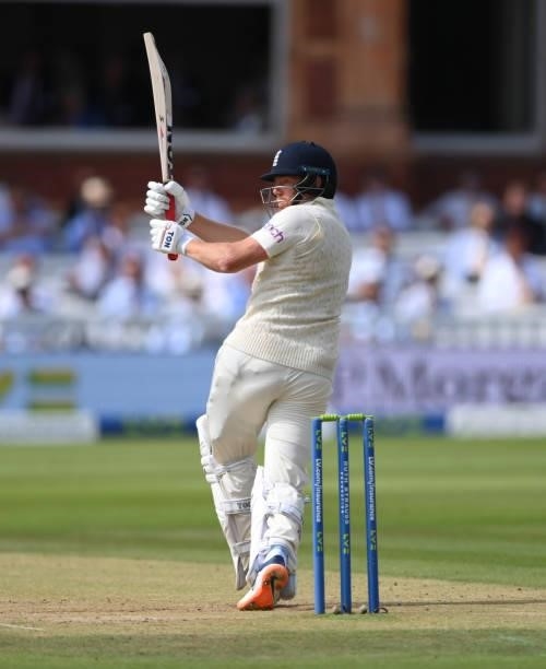 England batsman Jonny Bairstow hits out during day three of the Second Test Match between England and India at Lord's Cricket Ground on August 14,...