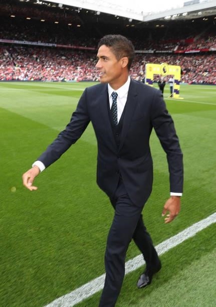 Raphael Varane of Manchester United is unveiled as a Manchester United player ahead of the Premier League match between Manchester United and Leeds...