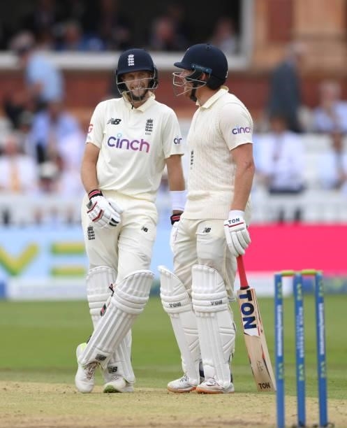 England batsmen Joe Root and Jonny Bairstow share a joke during their 100 partnership during day three of the Second Test Match between England and...