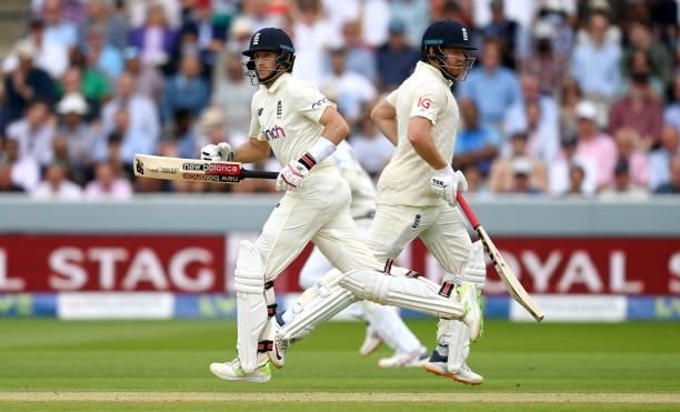 Joe Root and Jonathan Bairstow of England runs between the wickets during day three of the Second LV= Insurance Test Match between England and India...