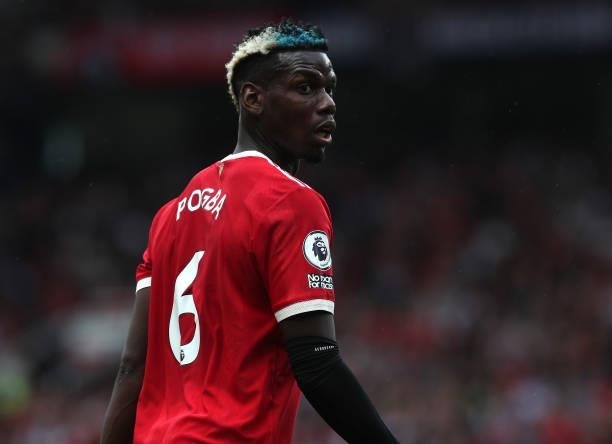 Paul Pogba of Manchester United in action during the Premier League match between Manchester United and Leeds United at Old Trafford on August 14,...