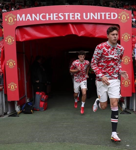 Victor Lindelof of Manchester United warms up ahead of the Premier League match between Manchester United and Leeds United at Old Trafford on August...