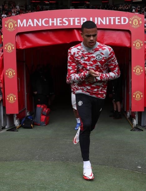 Mason Greenwood of Manchester United warms up ahead of the Premier League match between Manchester United and Leeds United at Old Trafford on August...