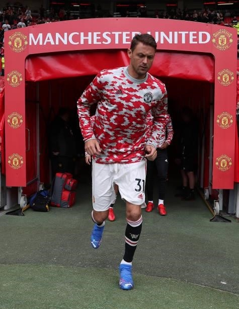Nemanja Matic of Manchester United warms up ahead of the Premier League match between Manchester United and Leeds United at Old Trafford on August...