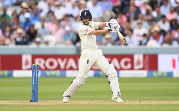 Joe Root of England hits out during the third day of the 2nd LV= Test match between England and India at Lord's Cricket Ground on August 14, 2021 in...