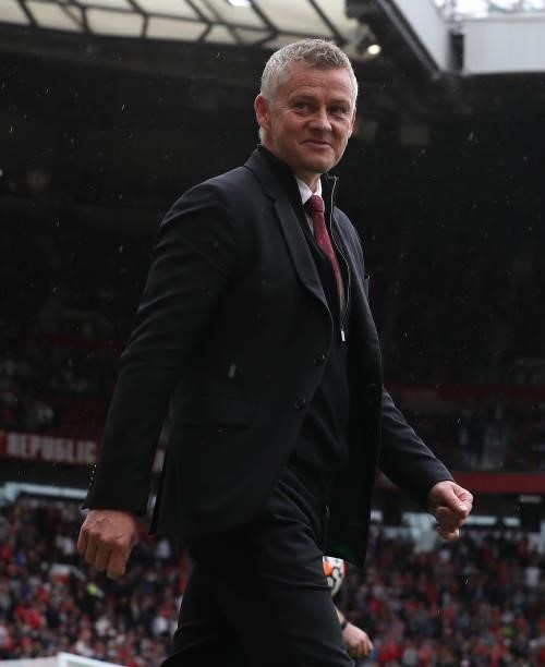 Manager Ole Gunnar Solskjaer of Manchester United walks out for the second half of the Premier League match between Manchester United and Leeds...