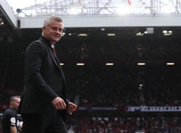 Manager Ole Gunnar Solskjaer of Manchester United walks out for the second half of the Premier League match between Manchester United and Leeds...
