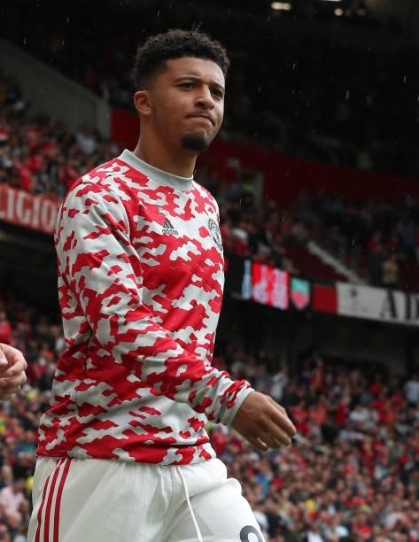 Jadon Sancho of Manchester United walks out for the second of the Premier League match between Manchester United and Leeds United at Old Trafford on...