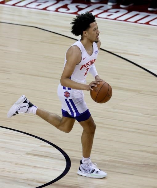 Cade Cunningham of the Detroit Pistons brings the ball up the court against the New York Knicks during the 2021 NBA Summer League at the Thomas &...