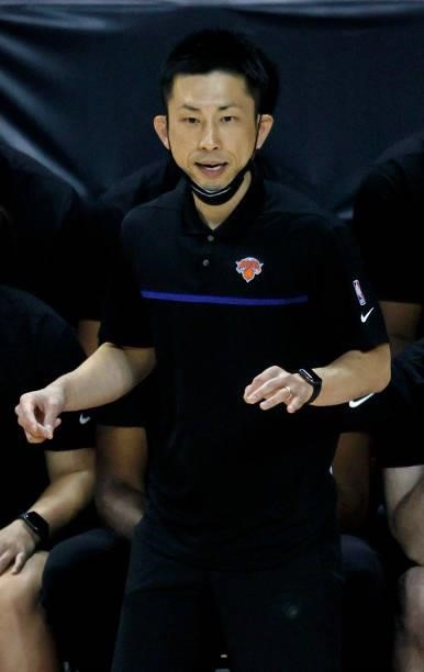 Head coach Dice Yoshimoto of the New York Knicks looks on during a game against the New Orleans Pelicans during the 2021 NBA Summer League at the...