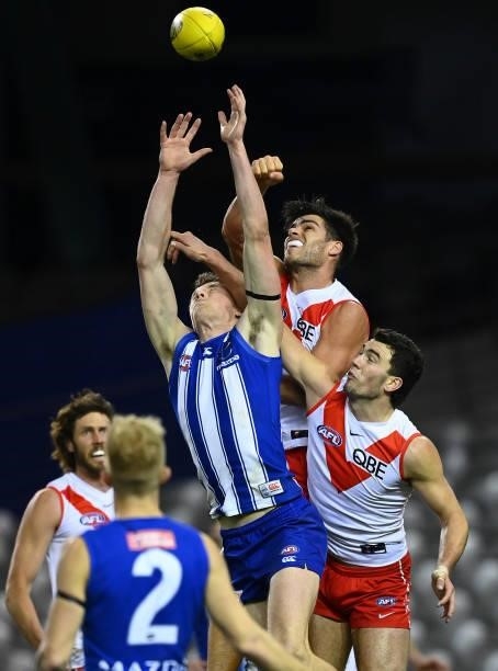 Nick Larkey of the Kangaroos attempts to mark during the round 22 AFL match between North Melbourne Kangaroos and Sydney Swans at Marvel Stadium on...