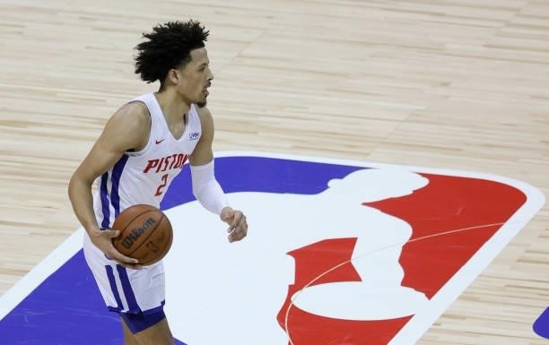 Cade Cunningham of the Detroit Pistons brings the ball up the court against the New York Knicks during the 2021 NBA Summer League at the Thomas &...