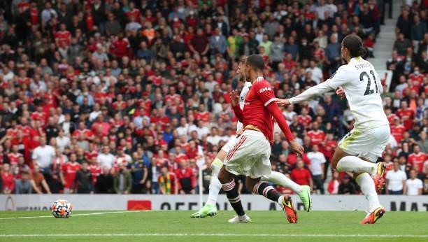 Mason Greenwood of Manchester United scores their second goal during the Premier League match between Manchester United and Leeds United at Old...