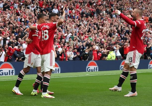 Mason Greenwood of Manchester United celebrates scoring their second goal during the Premier League match between Manchester United and Leeds United...