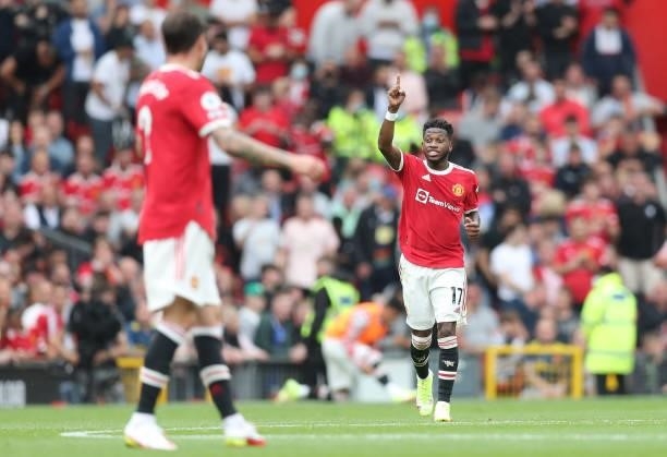 Fred of Manchester United celebrates after scoring their side's fifth goal during the Premier League match between Manchester United and Leeds United...