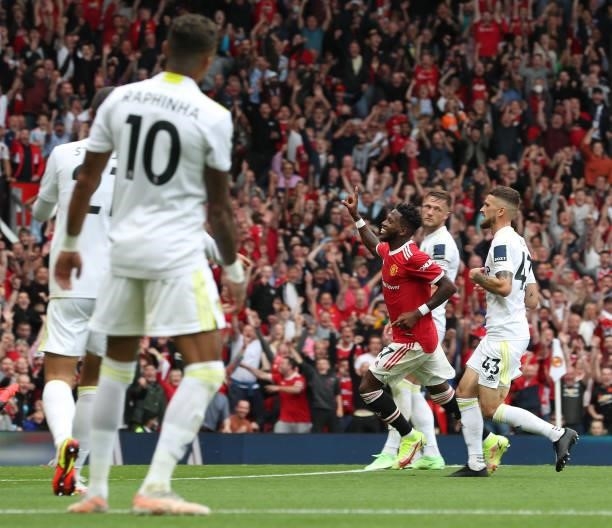 Fred of Manchester United celebrates scoring their fifth goal during the Premier League match between Manchester United and Leeds United at Old...