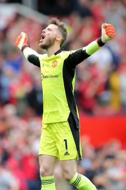 David de Gea of Manchester United celebrates after their side's fifth goal scored by Fred during the Premier League match between Manchester United...
