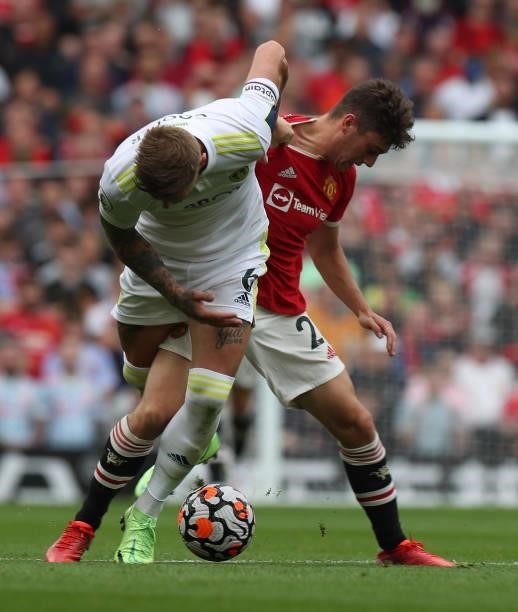 Daniel James of Manchester United in action with Liam Cooper of Leeds United during the Premier League match between Manchester United and Leeds...