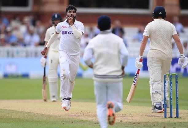 India bowler Mohammed Siraj celebrates after taking the wicket of England batsman Jonny Bairstow during day three of the Second Test Match between...