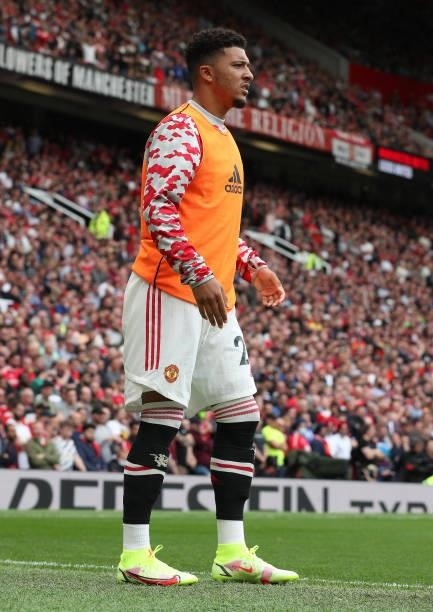 Jadon Sancho of Manchester United warms up during the Premier League match between Manchester United and Leeds United at Old Trafford on August 14,...