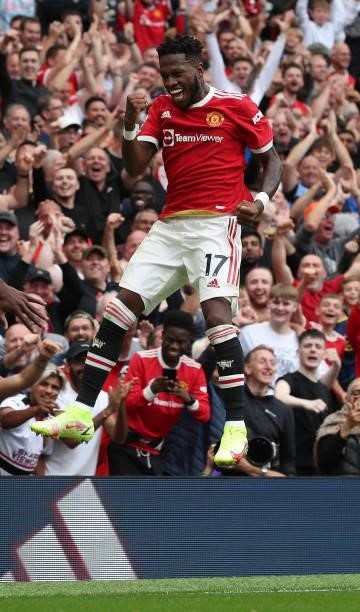 Fred of Manchester United celebrates scoring their fifth goal during the Premier League match between Manchester United and Leeds United at Old...