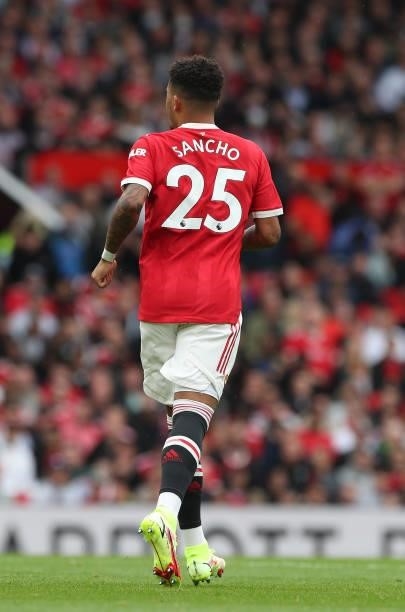 Jadon Sancho of Manchester United in action during the Premier League match between Manchester United and Leeds United at Old Trafford on August 14,...
