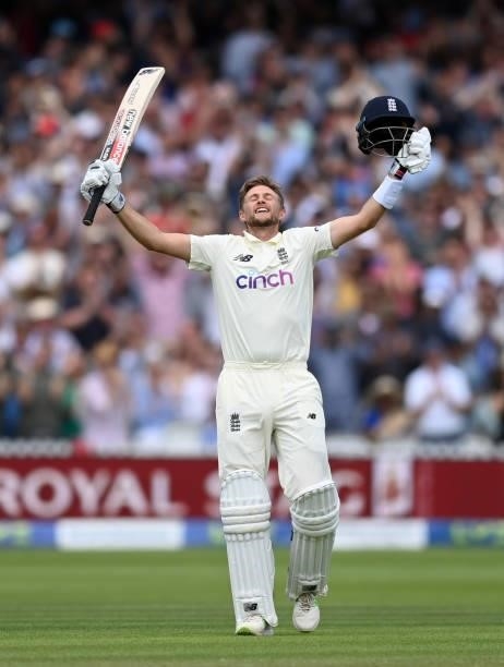 England captain Joe Root celebrates reaching his century during day three of the Second LV= Insurance Test Match between England and India at Lord's...