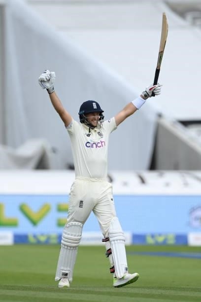 Joe Root of England celebrates reaching his century during the Second LV= Insurance Test Match: Day Three between England and India at Lord's Cricket...