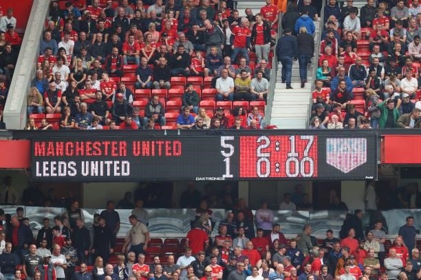 General view of the scoreboard showing the match result following the Premier League match between Manchester United and Leeds United at Old Trafford...