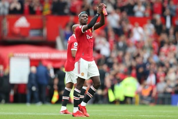 Paul Pogba of Manchester United applauds the fans following victory in the Premier League match between Manchester United and Leeds United at Old...