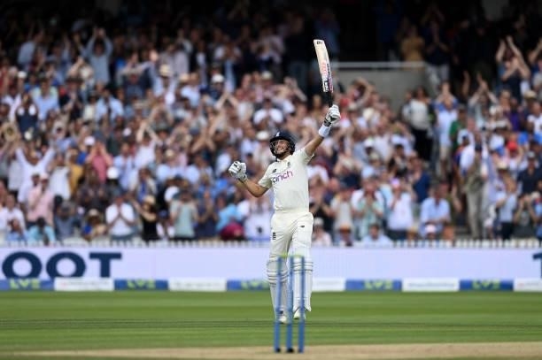 England captain Joe Root celebrates reaching his century during day three of the Second LV= Insurance Test Match between England and India at Lord's...