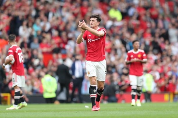 Harry Maguire of Manchester United applauds the fans following victory in the Premier League match between Manchester United and Leeds United at Old...