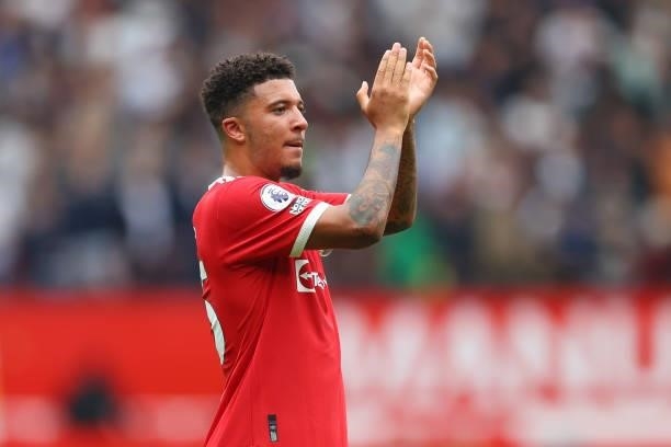 Jadon Sancho of Manchester United applauds the fans following victory in the Premier League match between Manchester United and Leeds United at Old...