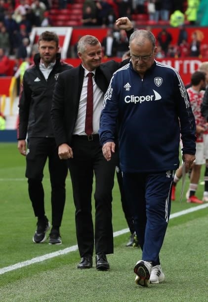 Manager Ole Gunnar Solskjaer of Manchester United walks off after the Premier League match between Manchester United and Leeds United at Old Trafford...