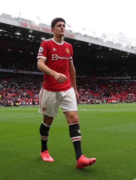 Harry Maguire of Manchester United walks off after the Premier League match between Manchester United and Leeds United at Old Trafford on August 14,...